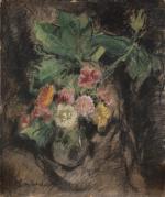 Pierre COMBET-DESCOMBES (1885-1966). " Vase de zinnias ". Pastel sur...