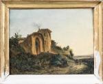 ECOLE FRANÇAISE vers 1840. "Eglise en ruine". Toile marouflée sur...