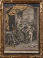 "Sainte Cécile". Gravure gouachée habillée. Epoque XVIIIème siècle. 32,5 x...