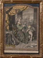 "Sainte Cécile". Gravure gouachée habillée. Epoque XVIIIème siècle. 32,5 x...