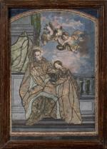 "Vierge" et "Education de la Vierge". Deux gravures gouachées habillée....