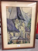 Henri DIMPRE, "Vue d'église", aquarelle sur papier Signée en bas...