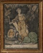 "Sainte Marguerite d'Antioche". Gravure découpée et habillée. Repliée. 25,5 x...