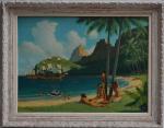 Etienne BLANDIN (1903-1991)
L'arrivée en Polynésie, 1945.
Huile sur isorel signée et...
