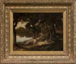 Prosper MARILHAT (1811-1847)," Sous-bois en bord d'étang ",huile sur toile...