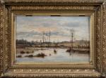 Joanny ARLIN (1830-1906), "Paysage lacustre" Huile sur bois signé en...