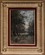 Emile NOIROT (1853-1924) , "Trouée dans les arbres" 1918, Huile...