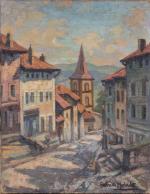 Gabriel MOISELET (1885-1961) "Rue d'un village au clocher en Haute-Loire"....