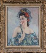 * Léonie Humbert VIGNOT (1878-1960) "Femme à l'éventail" Huile sur...