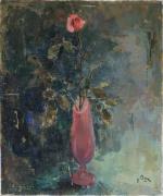 Jacqueline BORDES (XXème siècle). "Vase opalin à la rose". Huile...