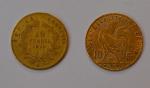 Deux pièces or 10 francs, 1859 et 1912