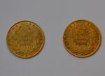 Deux pièces or 5 francs Napoléon III 1858 A, 1863...