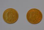 Deux pièces or 5 francs Napoléon III 1858 A, 1863...