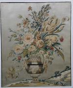 Tableau en broderie et chenillé représentant un vase de fleurs...