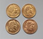 Quatre pièces de 20 francs or : Cérès 1851 A...