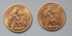 Deux pièces de 20 francs or Coq de Chaplain 1913...