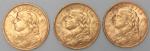 Trois pièces en or de 20 Francs suisse 1922 (x2)...