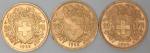 Trois pièces en or de 20 Francs suisse 1922 (x2)...