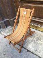 Chaise longue, bois + tissu d'origine toile marron rayures centrales...