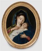 ECOLE ITALIENNE vers 1800. Vierge à l'Enfant. Panneau ovale. 54,5...