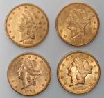Quatre pièces de 20 dollars en or Liberté 1865 /...