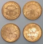 Quatre pièces de 20 dollars en or Liberté 1865 /...