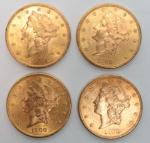 Quatre pièces de 20 dollars en or Liberté 1899 /...