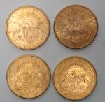Quatre pièces de 20 dollars en or Liberté 1900 (x2)...