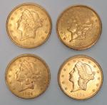 Quatre pièces de 20 dollars en or Liberté 1904 -...