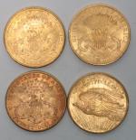 Quatre pièces de 20 dollars en or Liberté 1904 (x2)...