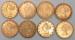 Huit pièces de 10 dollars en or Liberté 1880 /...