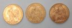 Trois pièces de 20 francs or au Coq 1913 (x2)...