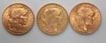 Trois pièces de 20 francs or au Coq 1913 (x2)...