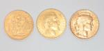 Trois pièces de 20 francs or : Génie 1848 A...