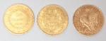 Trois pièces de 20 francs or : Génie 1848 A...
