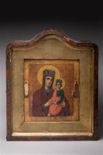 ECOLE RUSSE du XIXème siècle. Vierge à l'Enfant entourés de...