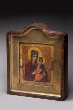 ECOLE RUSSE du XIXème siècle. Vierge à l'Enfant entourés de...