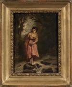 Théodore LEVIGNE (1848-1912)," Jeune femme traversant le cours d'eau "....