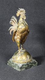 Charles PAILLET (1871-1937). Coq Gaulois triomphant en bronze doré, sur...