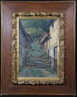 HUMBLOT Emile (1862-1931). Ruelle de village à l'escalier. Huile sur...