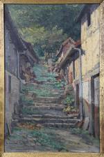 HUMBLOT Emile (1862-1931). Ruelle de village à l'escalier. Huile sur...