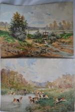 ECOLE FRANCAISE
La chasse à courre, 1900. 
Le barrage
Deux aquarelles signées...