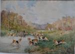 ECOLE FRANCAISE
La chasse à courre, 1900. 
Le barrage
Deux aquarelles signées...