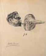 DUMAS Gaëtan (1879-1950) Tête d'homme au cor de chasse, dessin...
