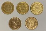 * Cinq pièces de 20 Francs or : Génie 1849...