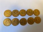 10 PIECES 20 Francs or au coq/Marianne 1906(5),1911(5).
Lot vendu en...