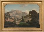 Edouard Louis CAUVIN (1817-1900). Paysage animé près des montagnes en...