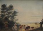 ECOLE FRANCAISE fin XIXème
Paysage aux vaches, 1881. 
Huile sur toile...