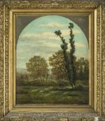 Henri Chevallier (1808-1893)-Paysage animé- Huile sur toile cintrée sur le...
