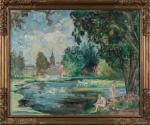 Maxime BOULARD DE VILLENEUVE (1884-1971),
Baigneuses près d'un étang,
Huile sur toile,
Signé...
